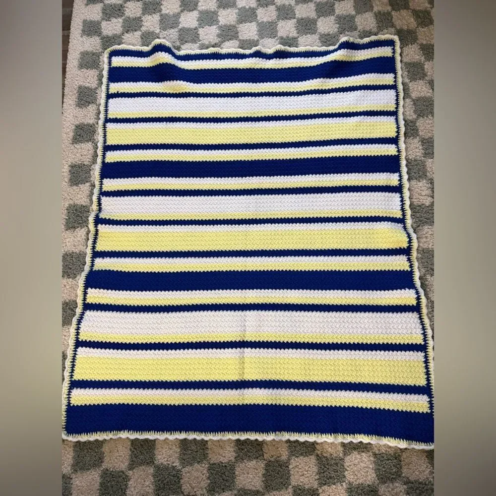 VTG Crochet Afghan Chevron Striped Blue Yellow Blanket Throw Michigan Football